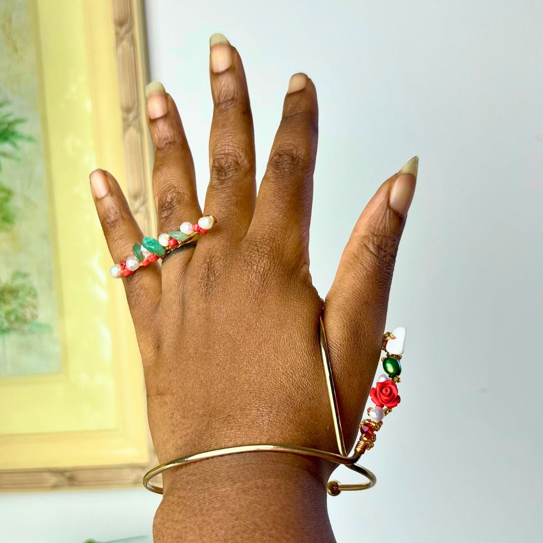 Rose and Freshwater Pearl Gold Thumb Ring Bracelet Cuff- Limited Edition