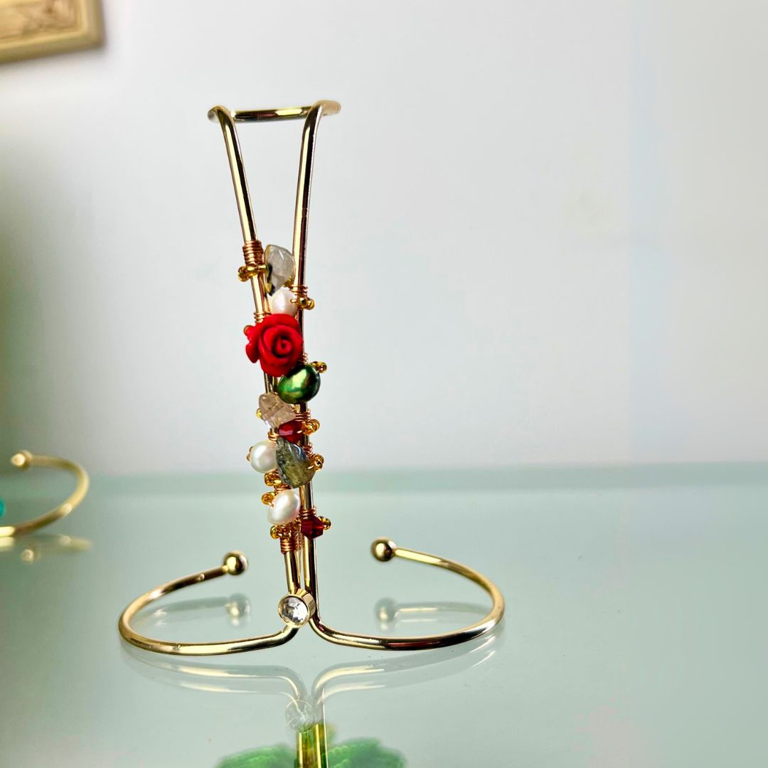 Rose and Freshwater Pearl Gold Ring Bracelet Cuff- Limited Edition