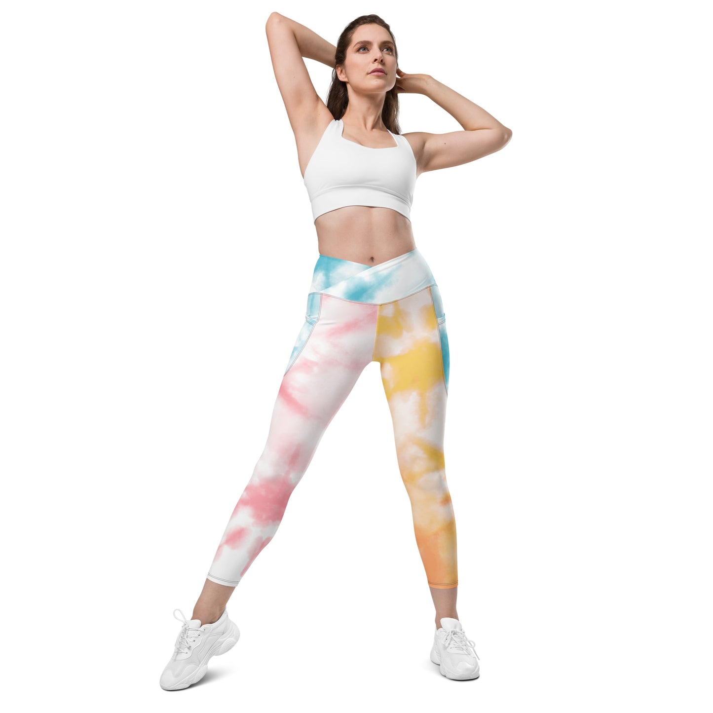 Tie and Dye High-waist Crossover leggings with pockets - Blue and Yellow
