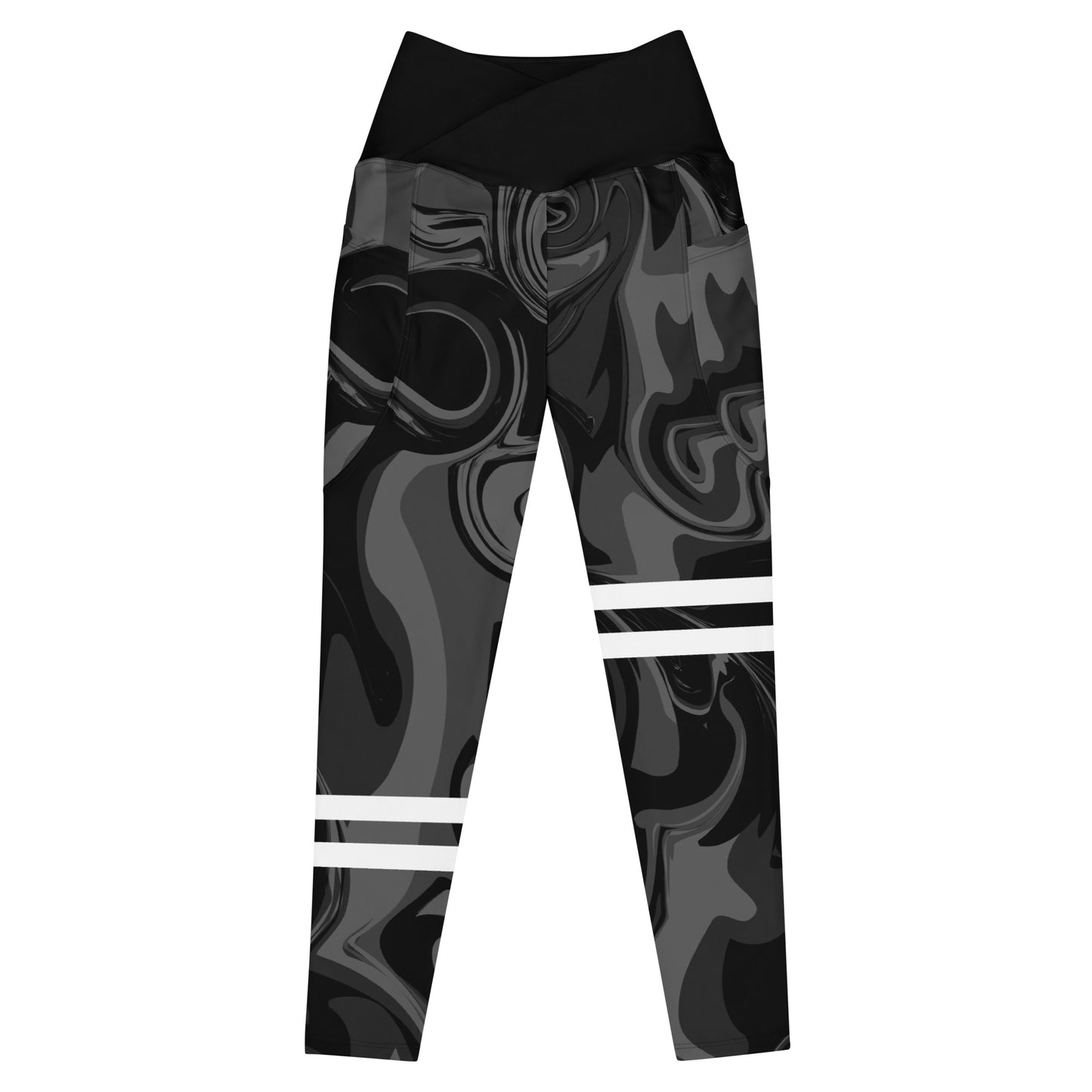 Black Marble Print High Waist Crossover leggings with pockets