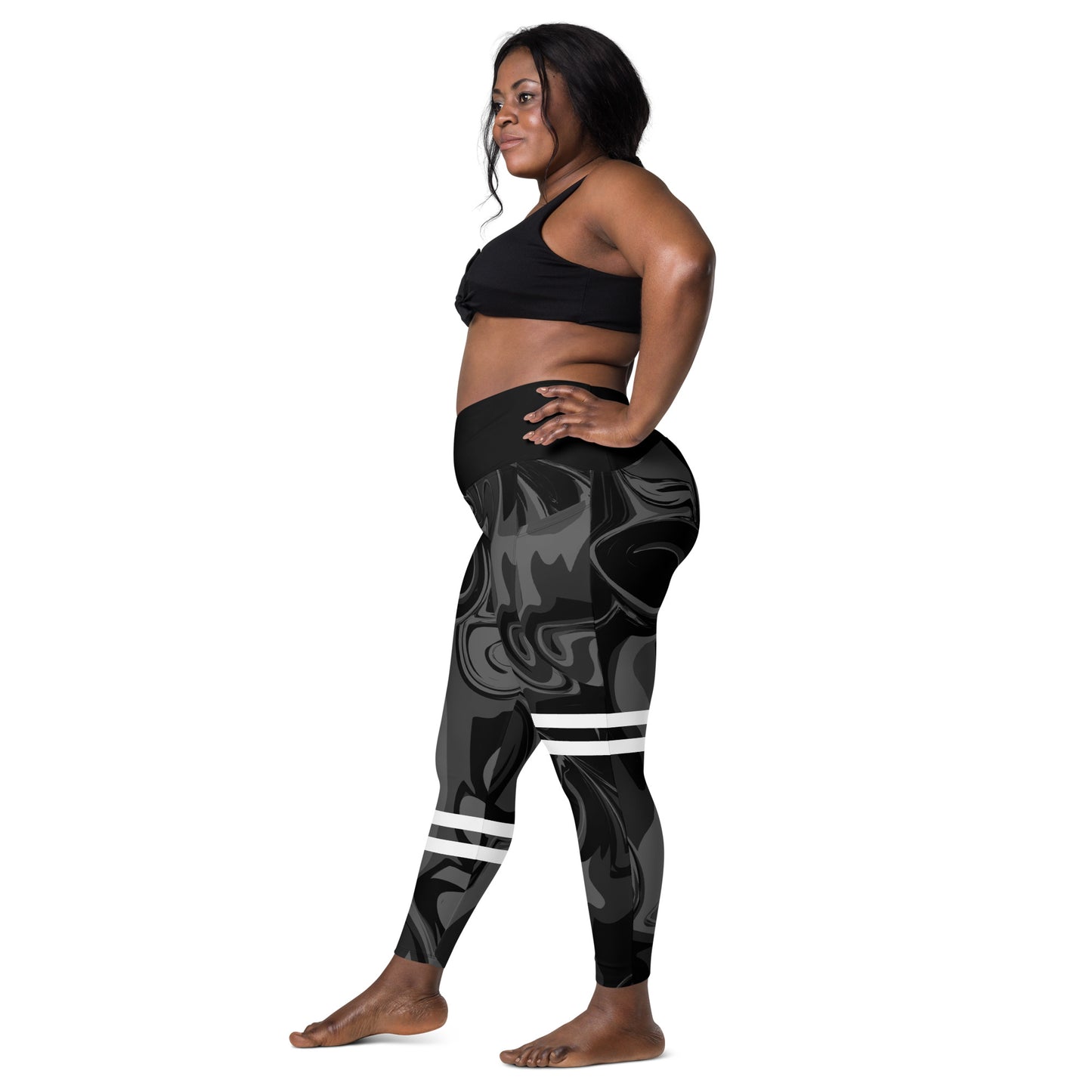 Black Marble Print High Waist Crossover leggings with pockets
