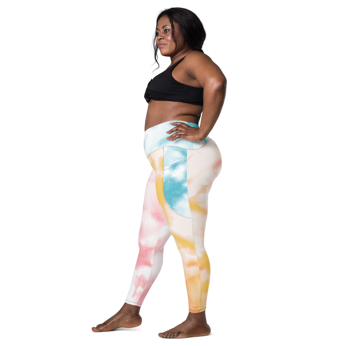 Tie and Dye High-waist Crossover leggings with pockets - Blue and Yellow