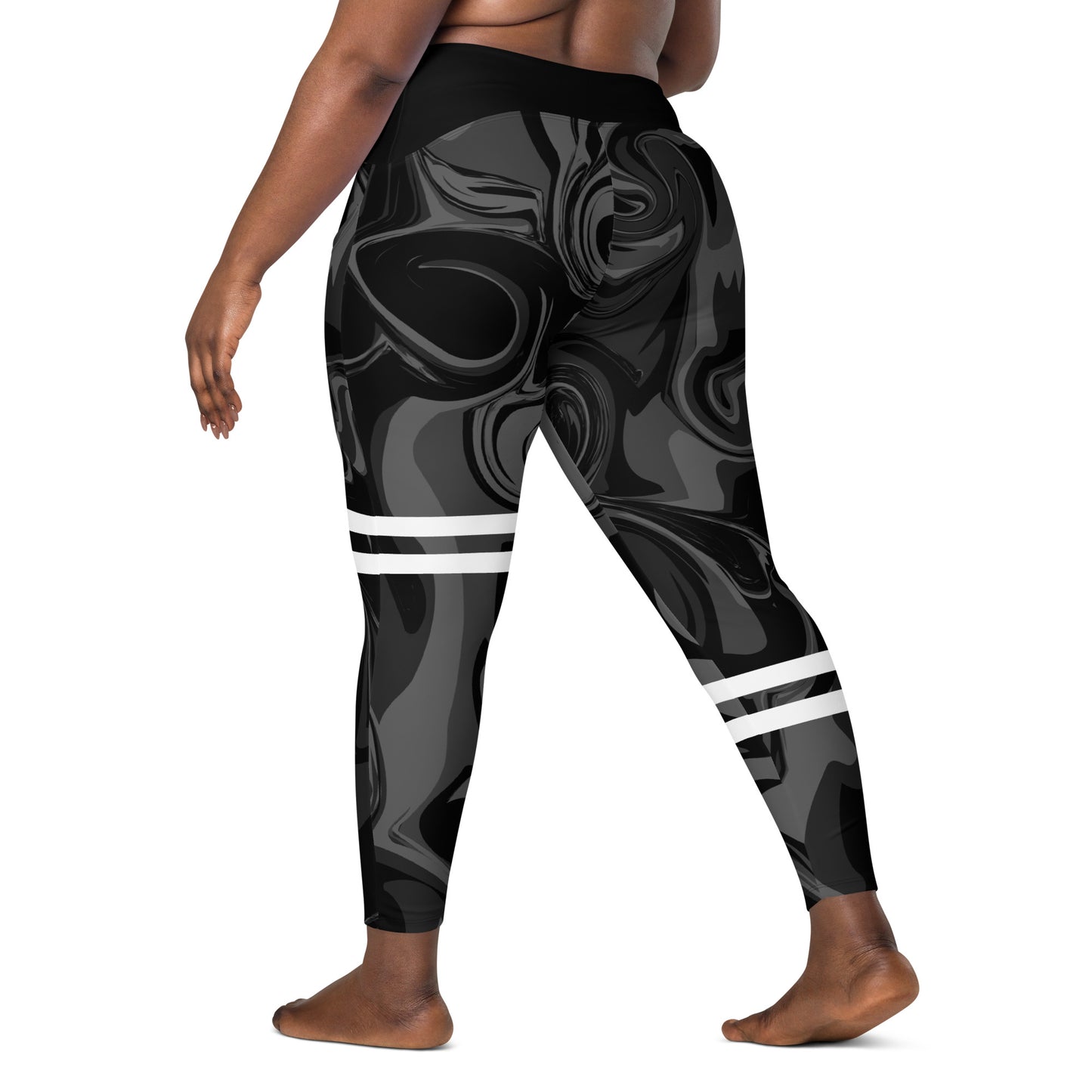 Black Marble Print High Waist Crossover leggings with pockets