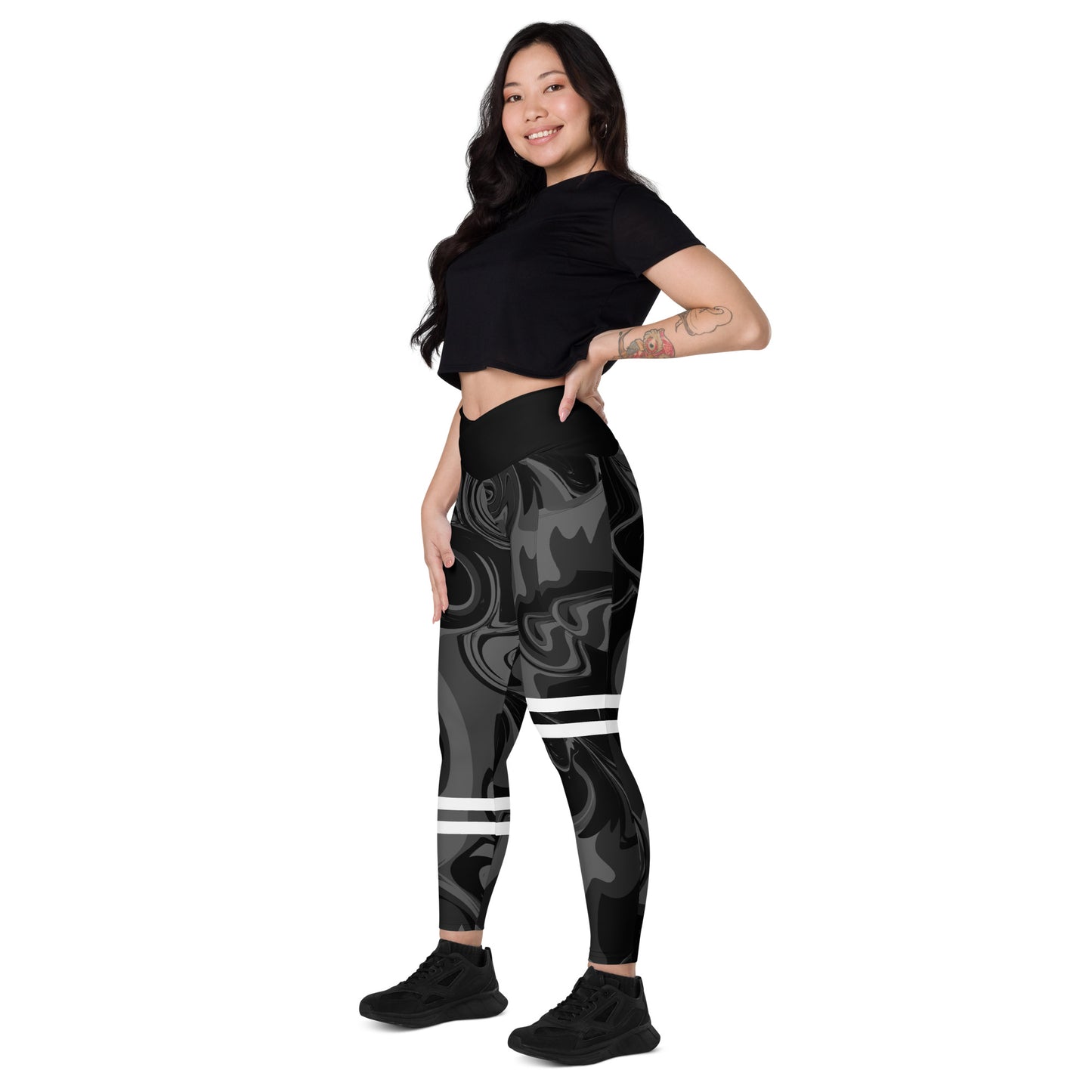 Black Marble Print High Waist Crossover leggings with pockets