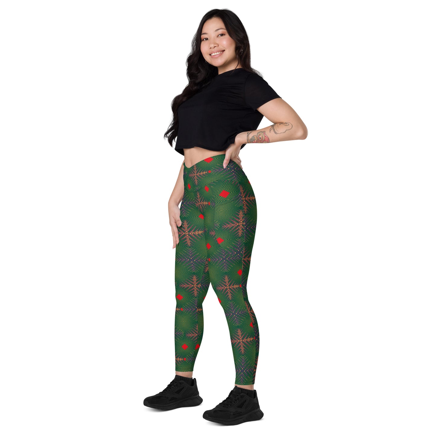 AfriBix Green Ankara High Waist Crossover leggings with pockets