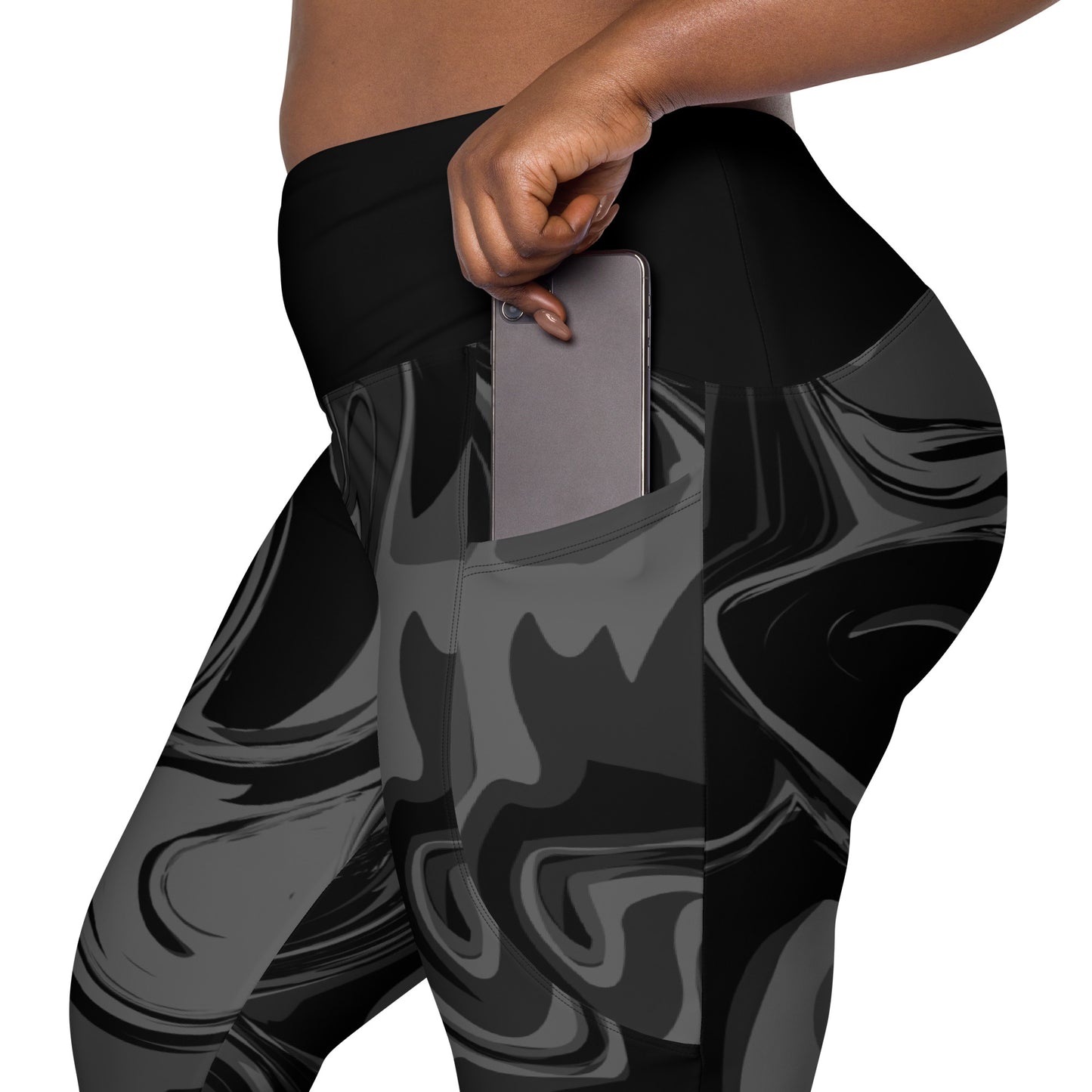 Black Marble Print High Waist Crossover leggings with pockets