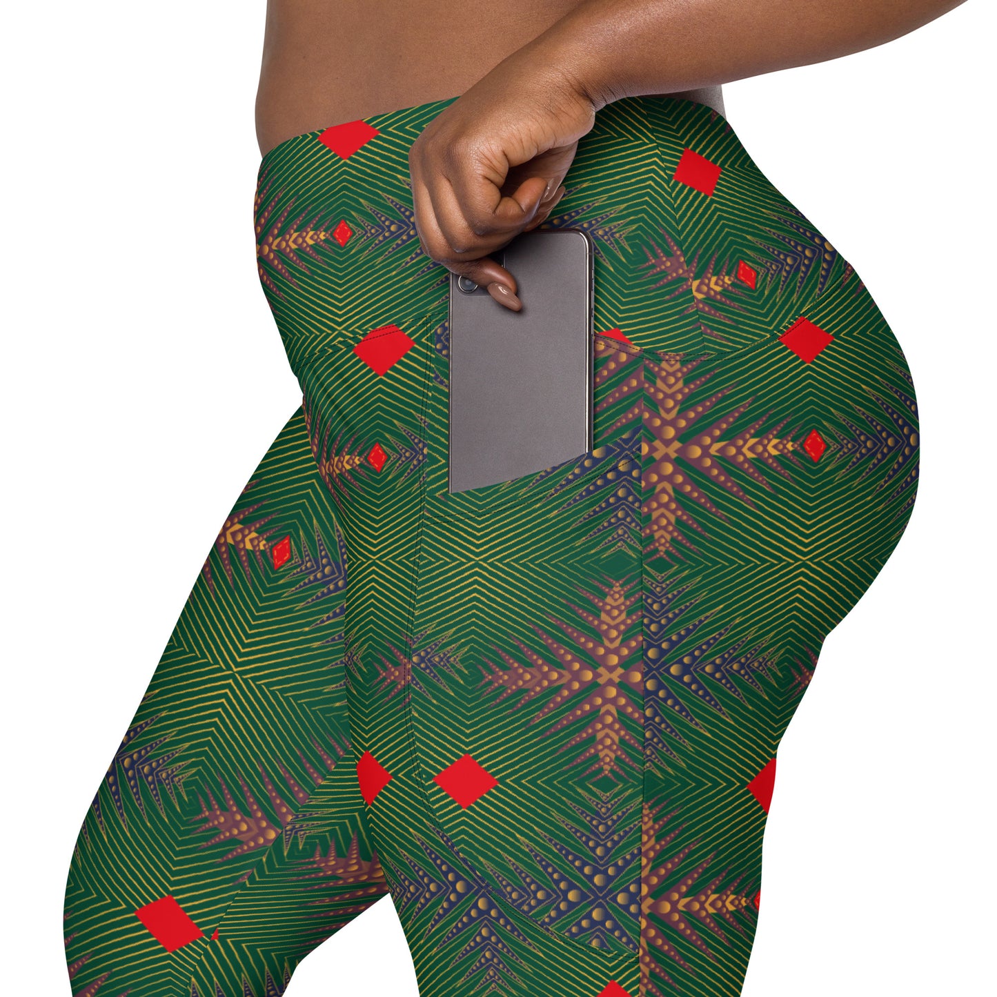 AfriBix Green Ankara High Waist Crossover leggings with pockets