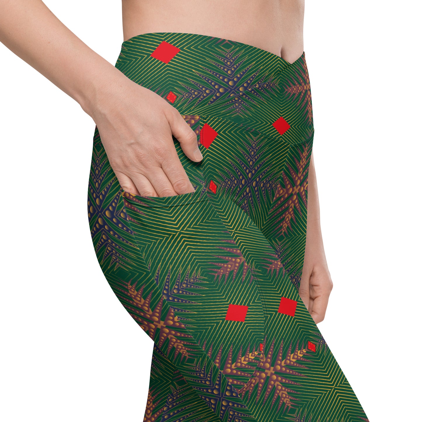 AfriBix Green Ankara High Waist Crossover leggings with pockets