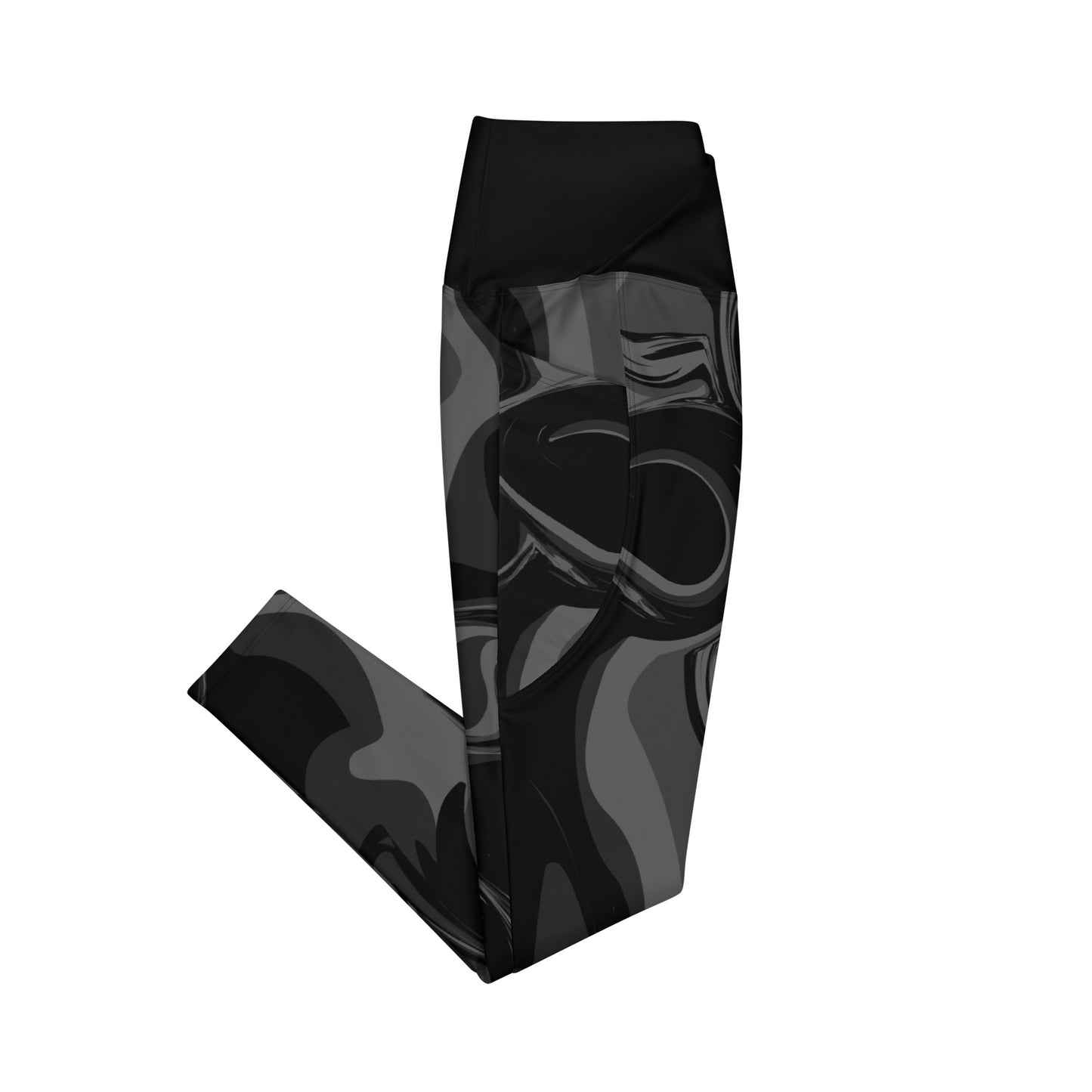 Black Marble Print High Waist Crossover leggings with pockets