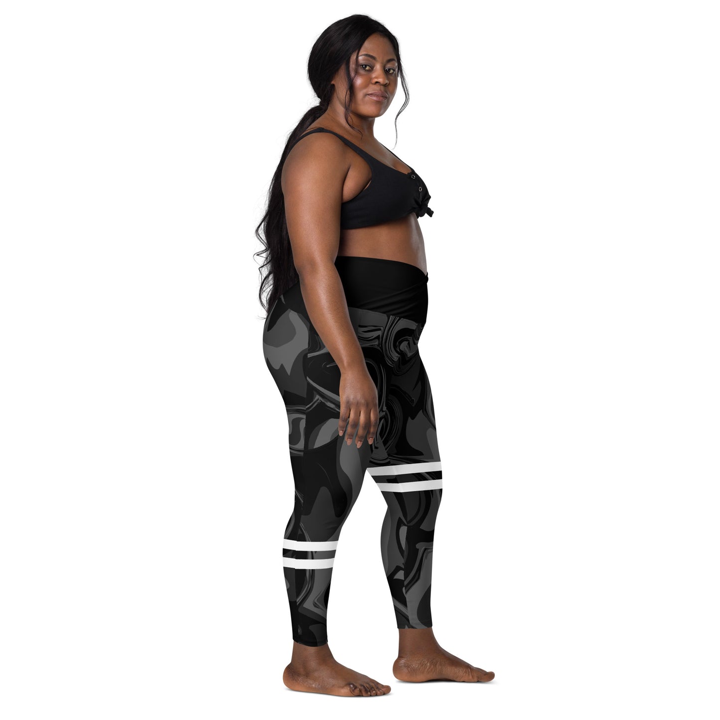 Black Marble Print High Waist Crossover leggings with pockets