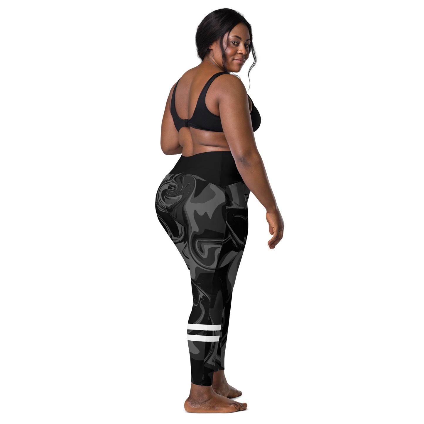 Black Marble Print High Waist Crossover leggings with pockets