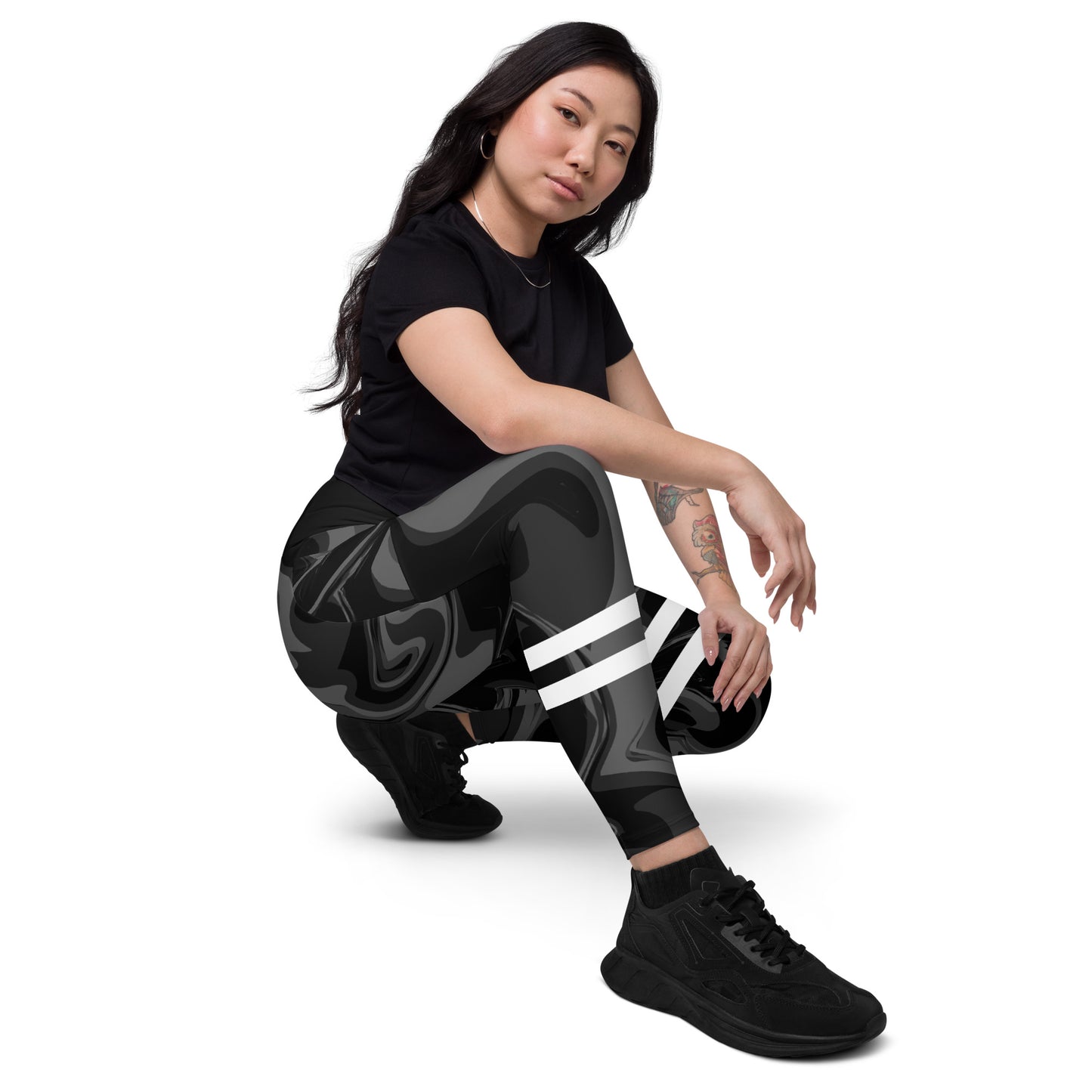 Black Marble Print High Waist Crossover leggings with pockets