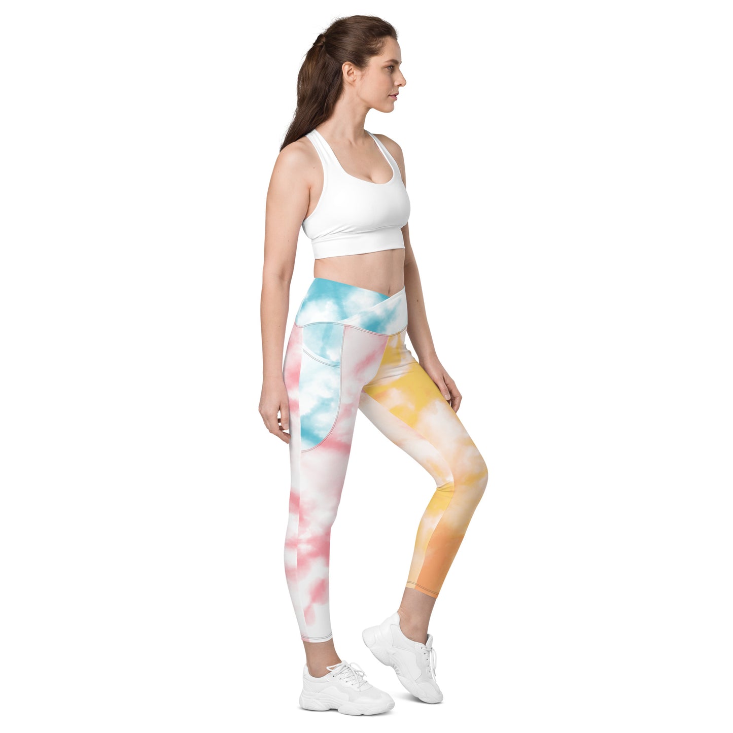 Tie and Dye High-waist Crossover leggings with pockets - Blue and Yellow