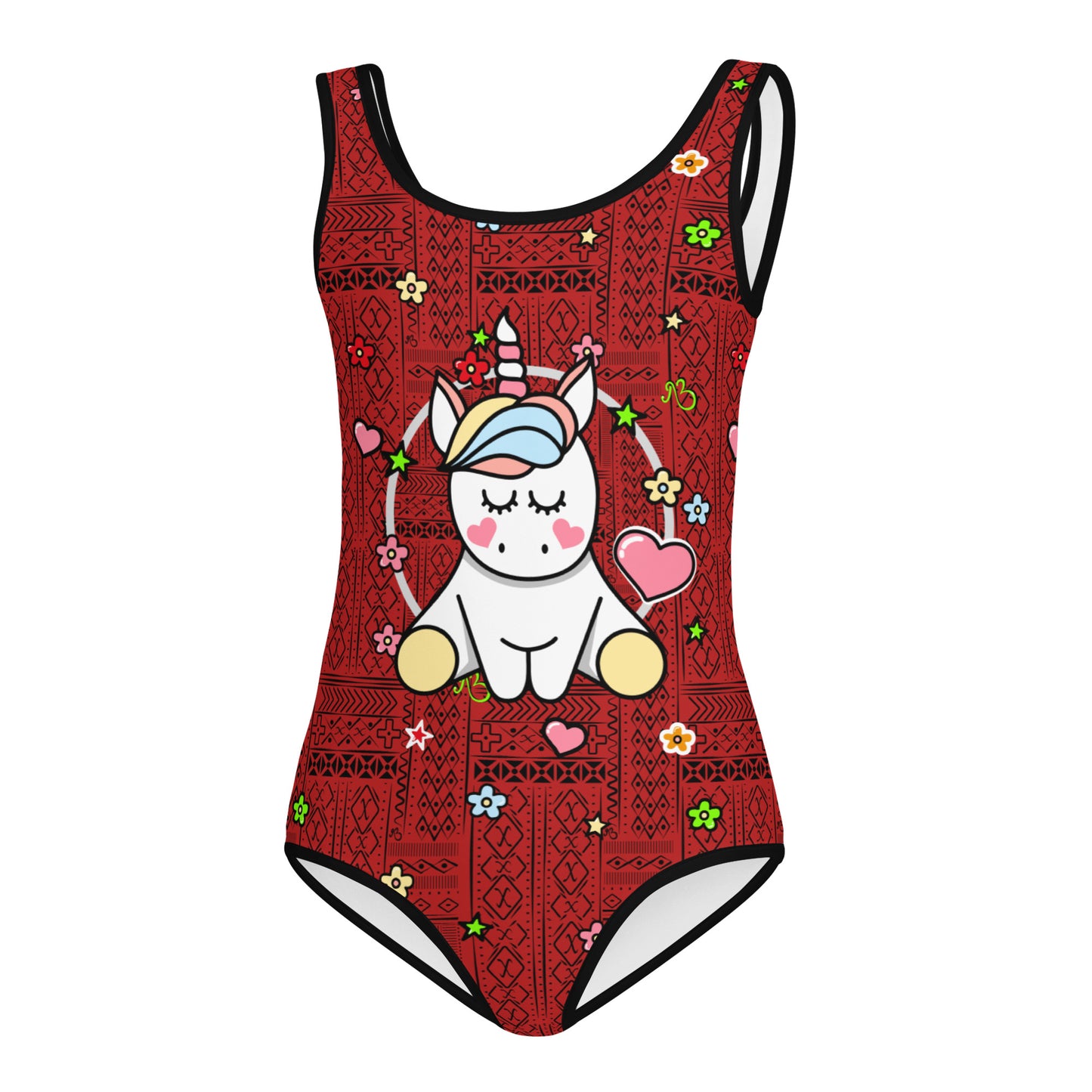 AfriBix Tribal Print Unicorn Girls Swimsuit - Red