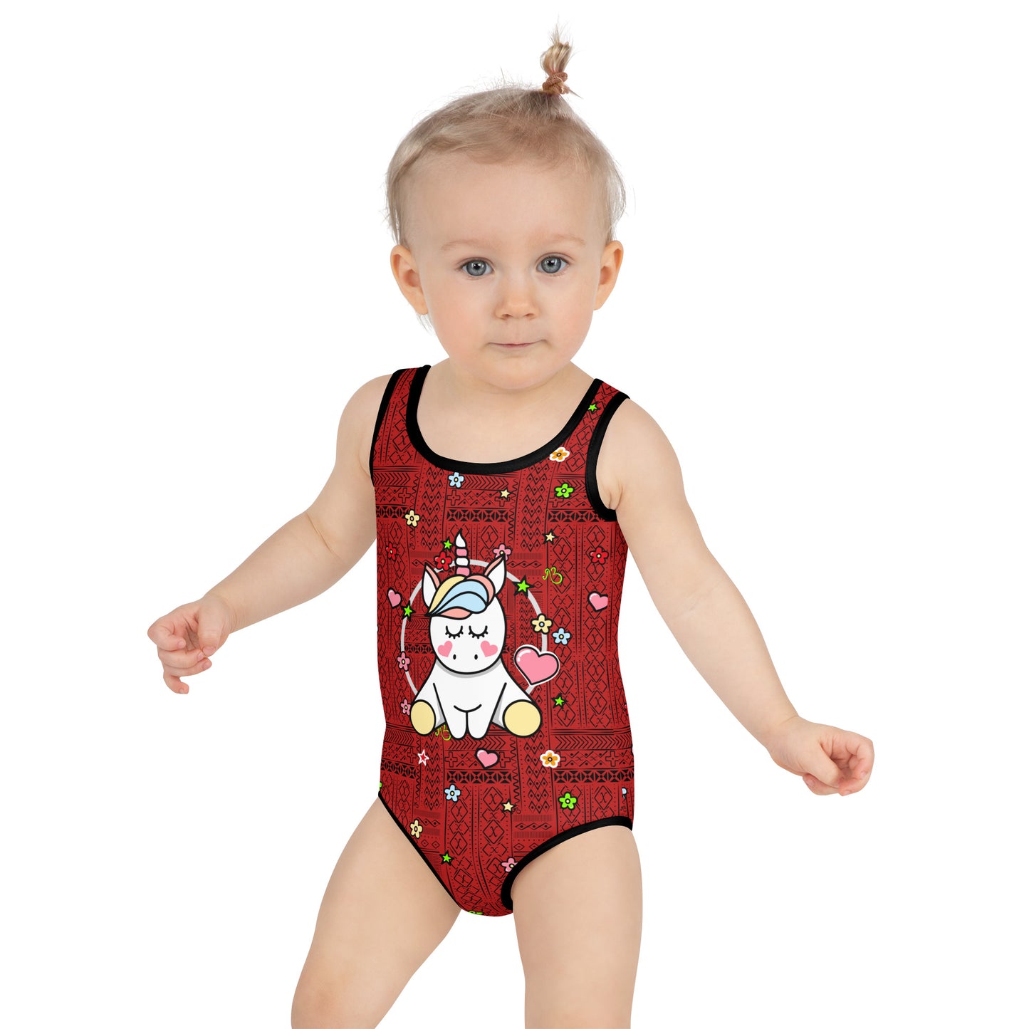 AfriBix Tribal Print Unicorn Girls Swimsuit - Red