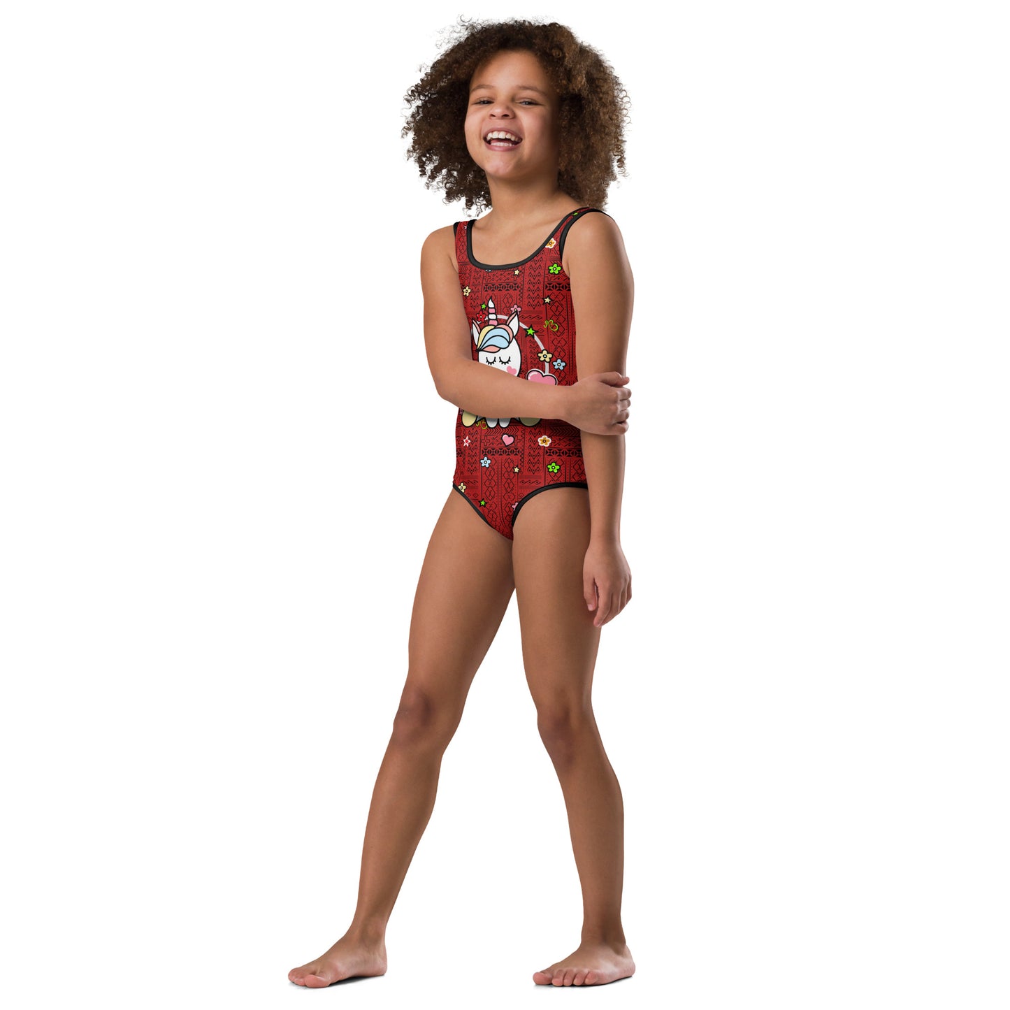 AfriBix Tribal Print Unicorn Girls Swimsuit - Red