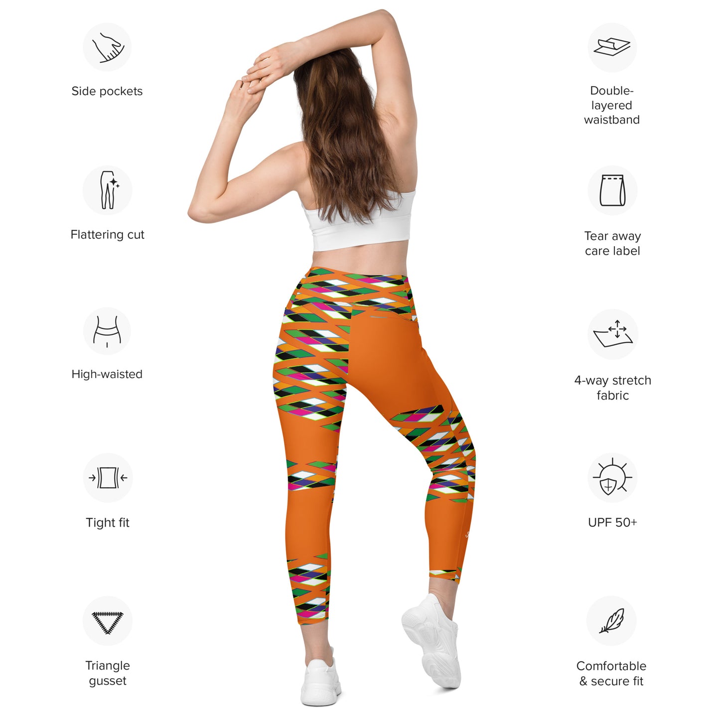 Orange Pyramid Print Leggings with pockets