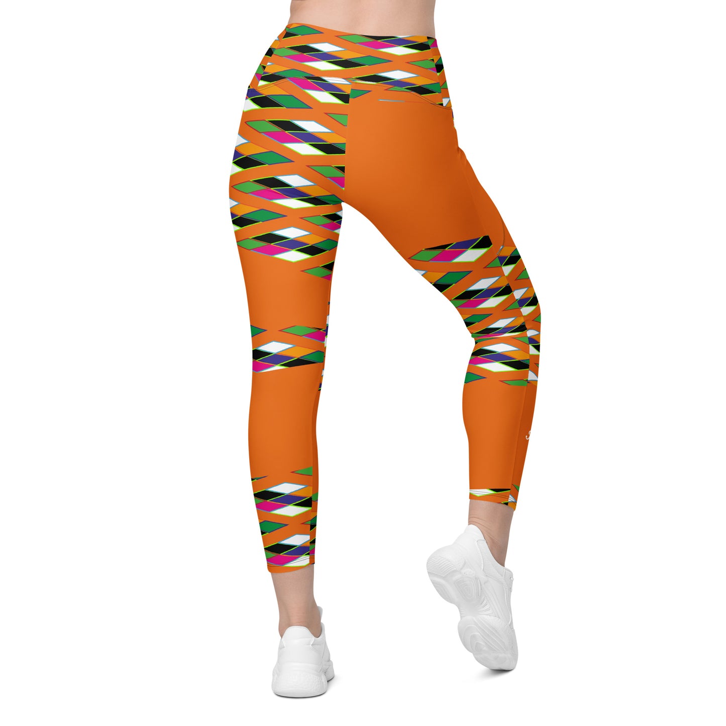 Orange Pyramid Print Leggings with pockets