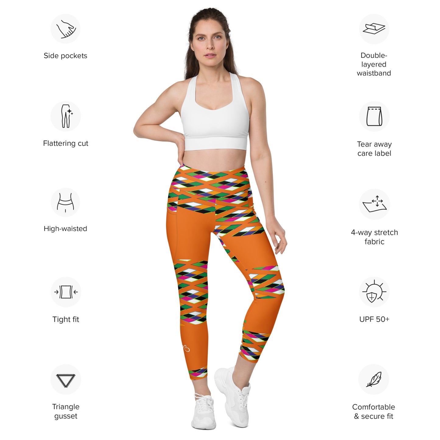 Orange Pyramid Print Leggings with pockets