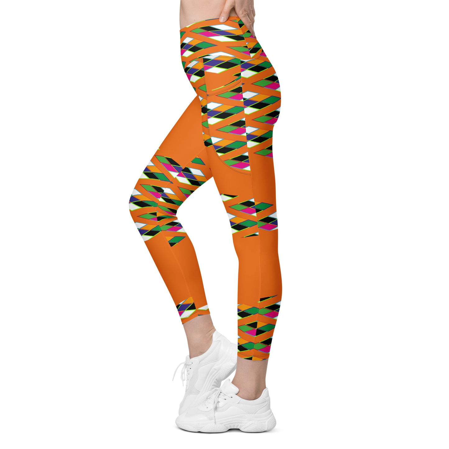 Orange Pyramid Print Leggings with pockets