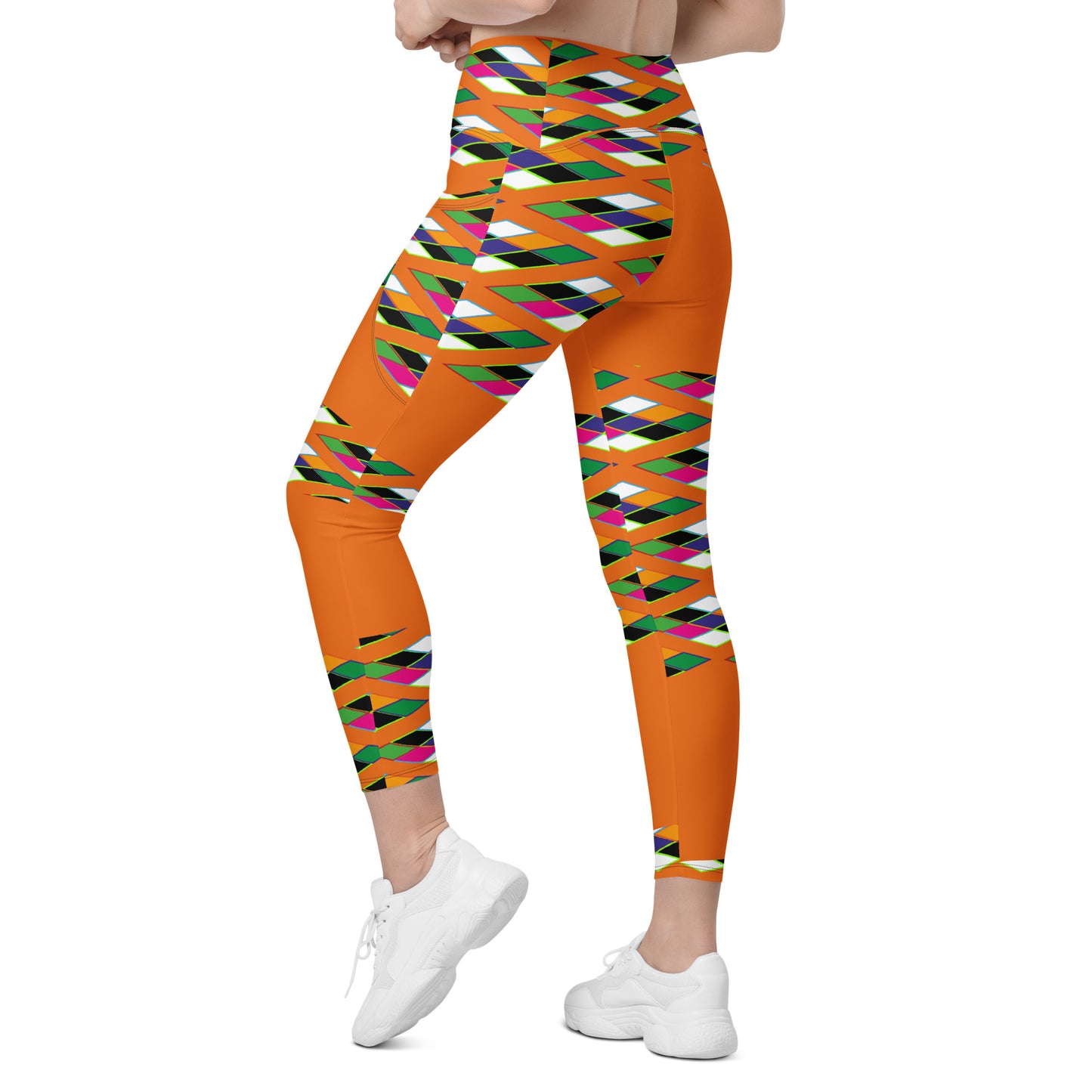 Orange Pyramid Print Leggings with pockets