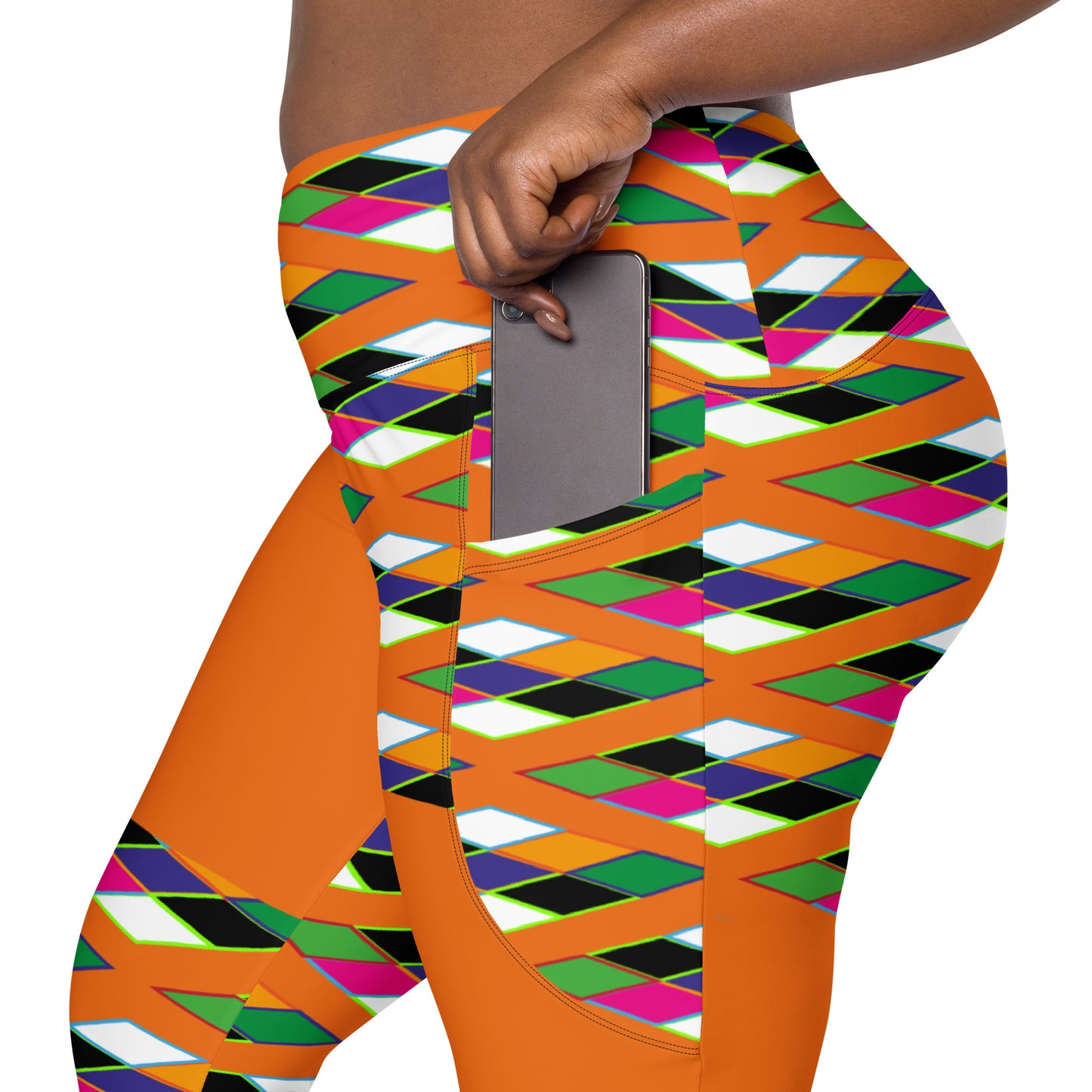 Orange Pyramid Print Leggings with pockets