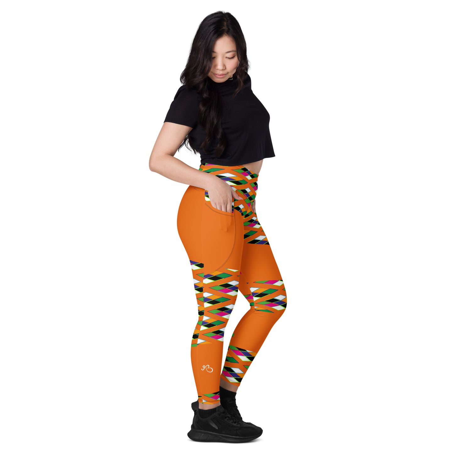 Orange Pyramid Print Leggings with pockets