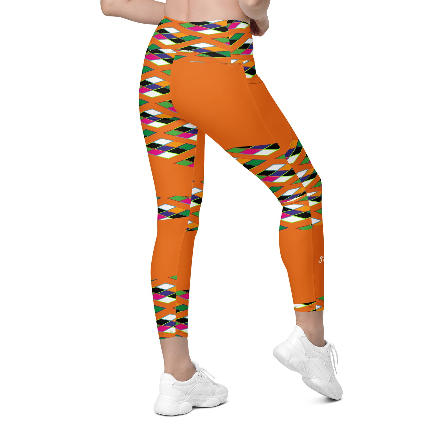 Orange Pyramid Print Leggings with pockets