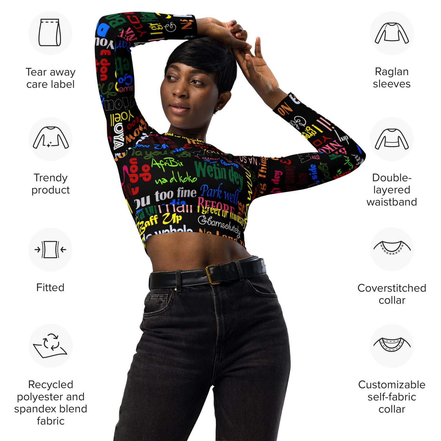 AfriBix Pidgin Print Recycled long-sleeve crop top