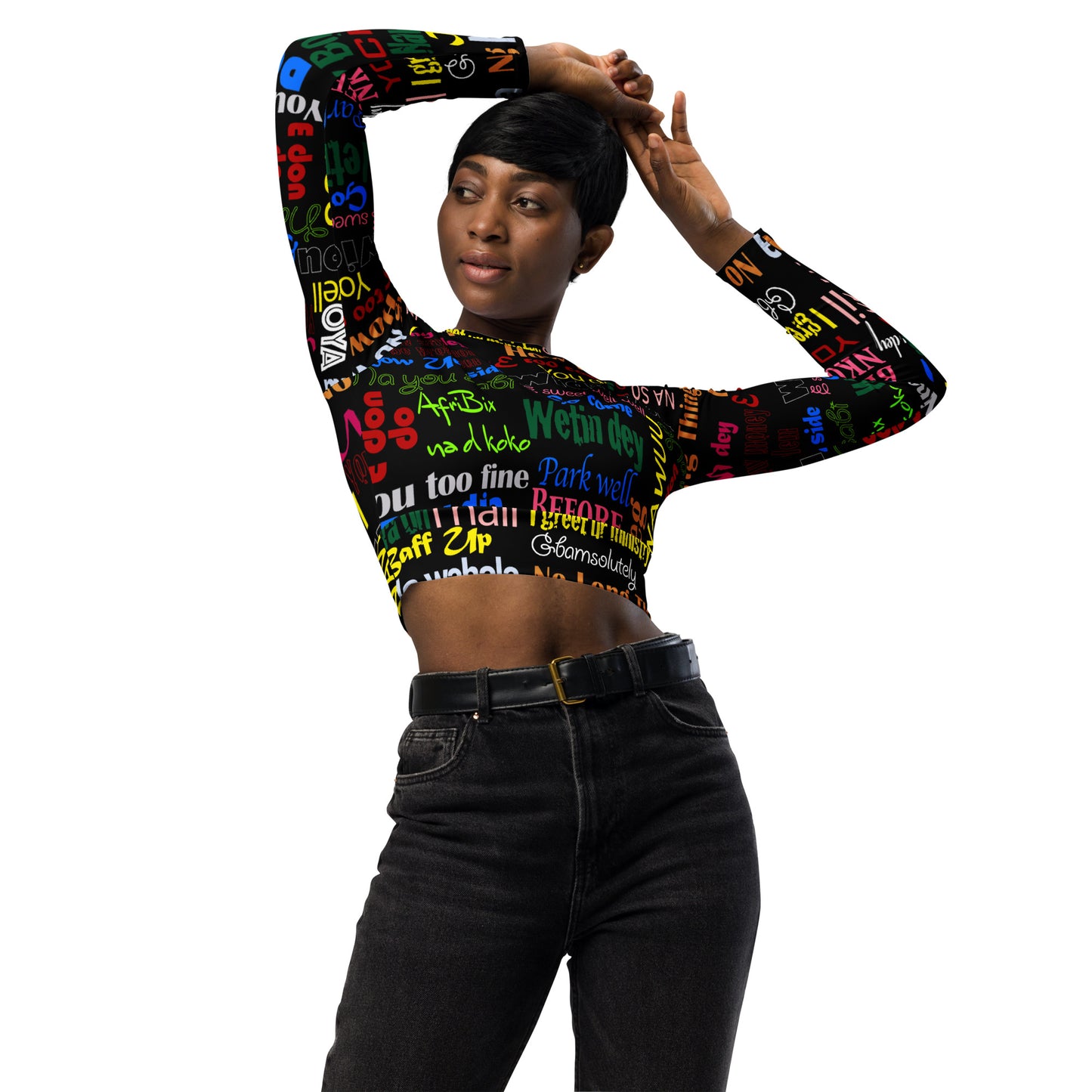 AfriBix Pidgin Print Recycled long-sleeve crop top