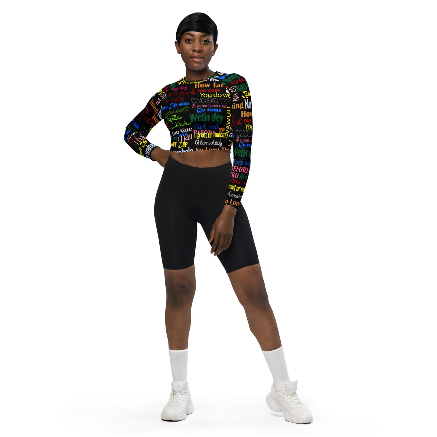 AfriBix Pidgin Print Recycled long-sleeve crop top