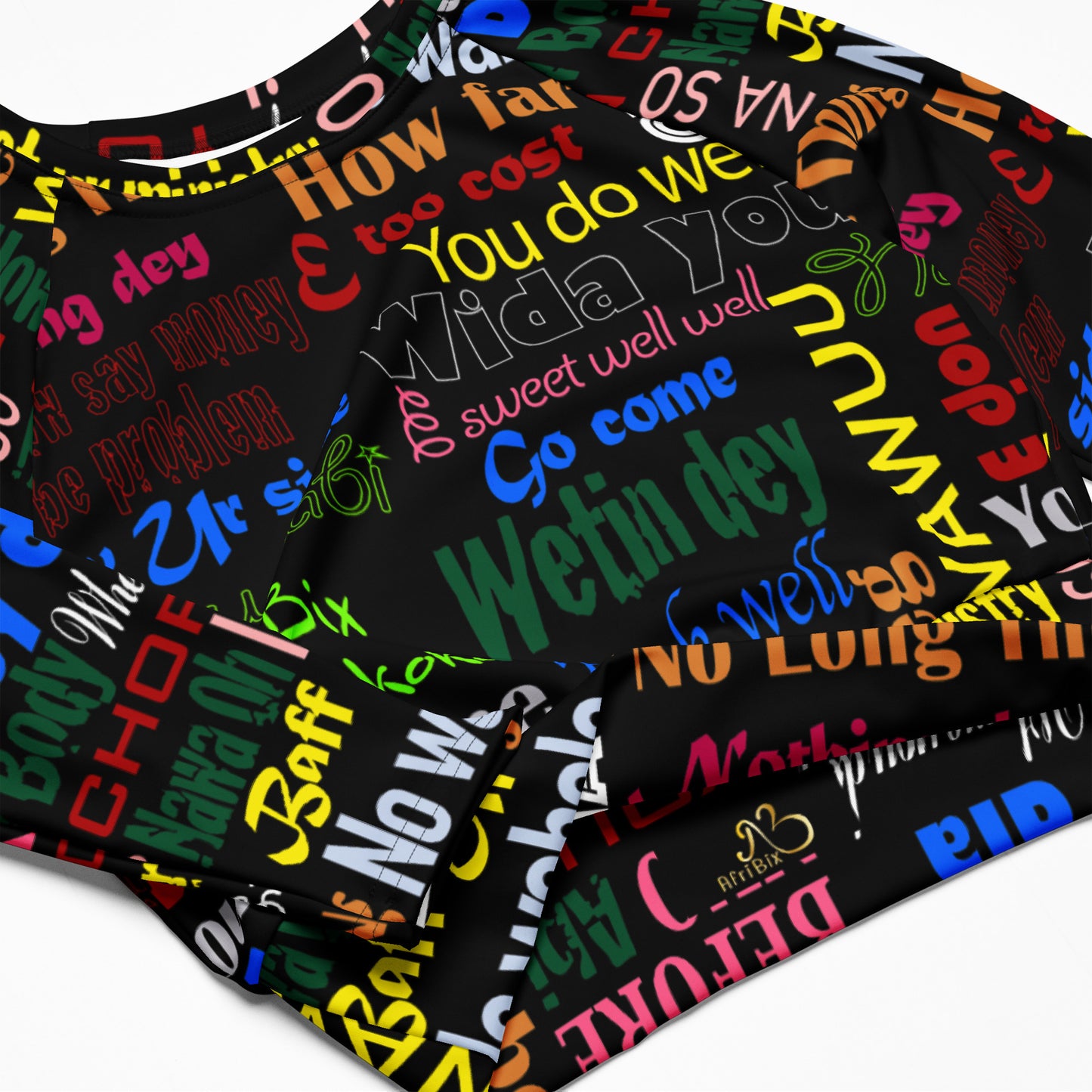AfriBix Pidgin Print Recycled long-sleeve crop top
