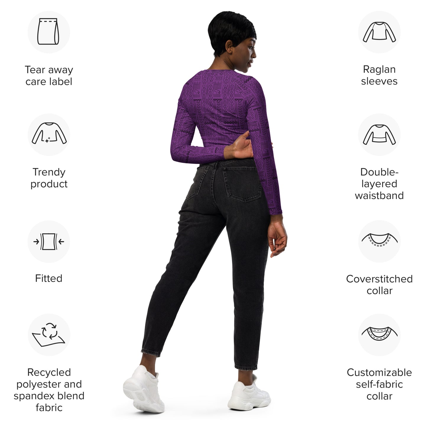AfriBix Tribal Print Recycled long-sleeve crop top - Purple