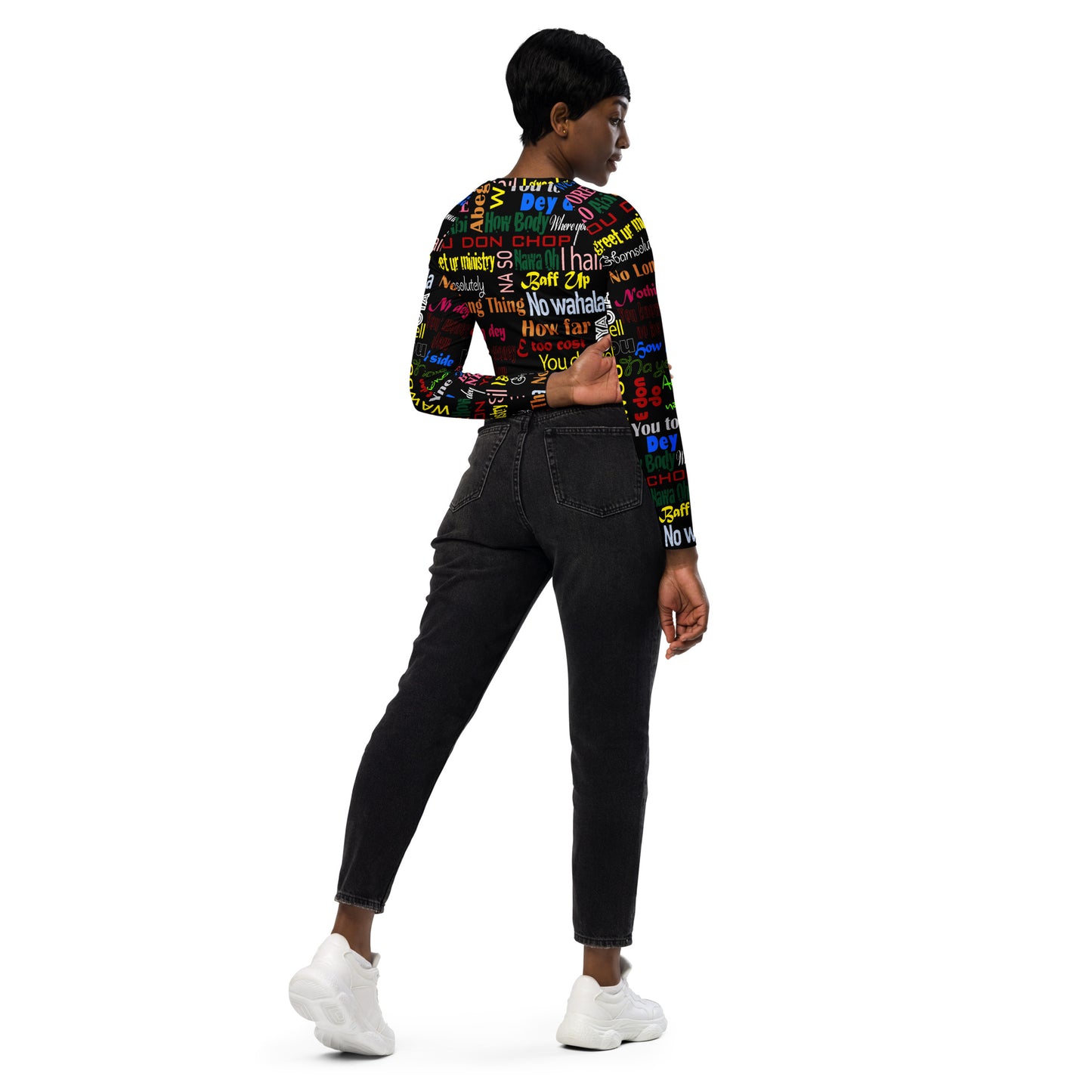 AfriBix Pidgin Print Recycled long-sleeve crop top
