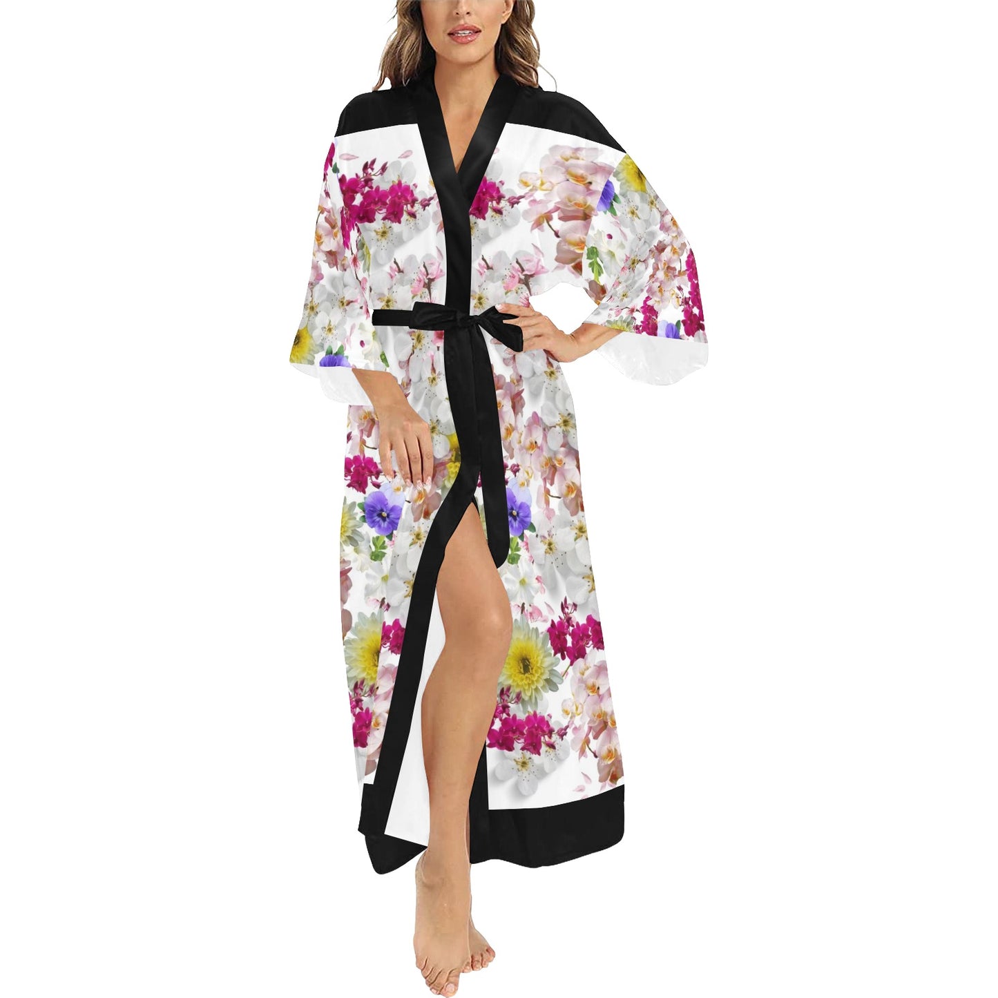 White Blossom Flower Print Women's Long Kimono Silky Robe