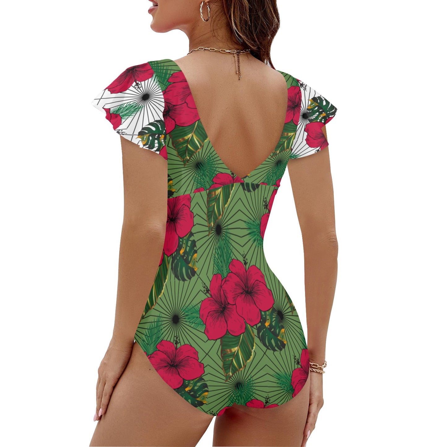 Queen Vee One Piece Hibiscus Twist Front Ruffle Sleeve Cutout Swimsuit