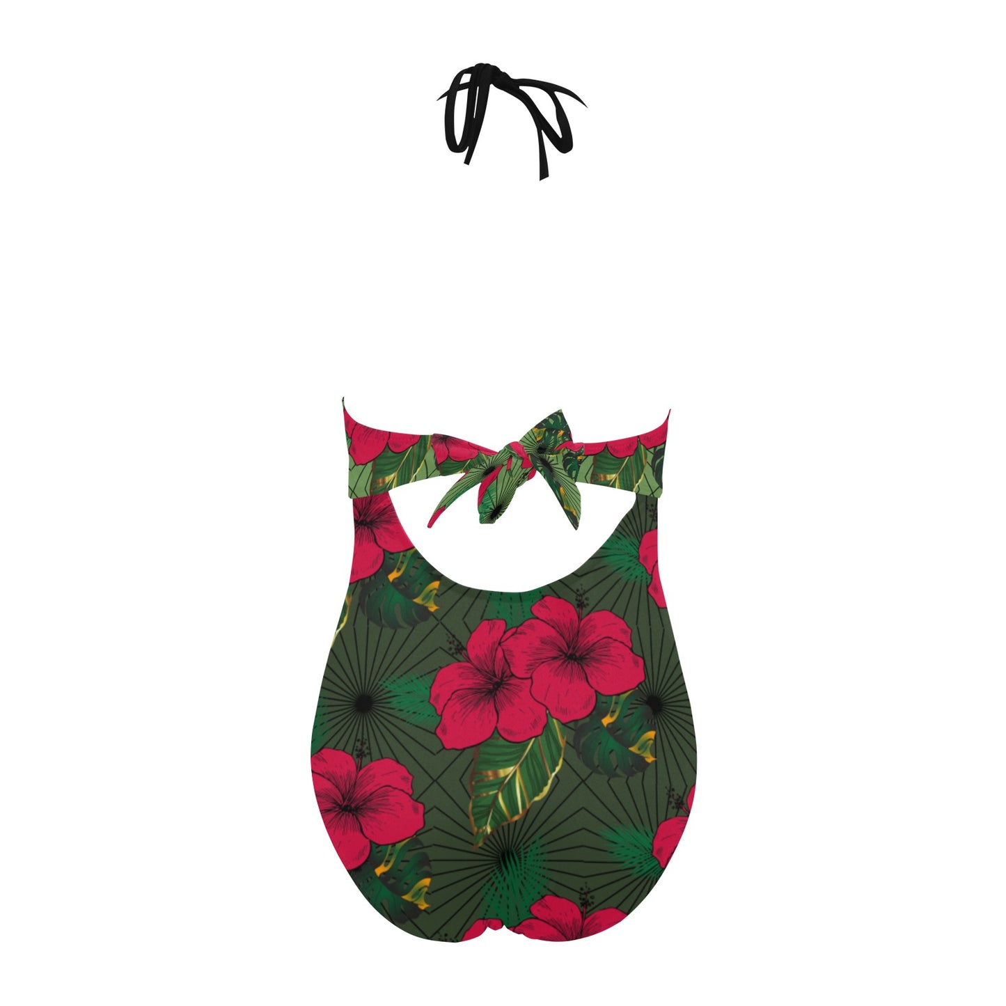 One-piece swimsuit with green and red floral design on a white background