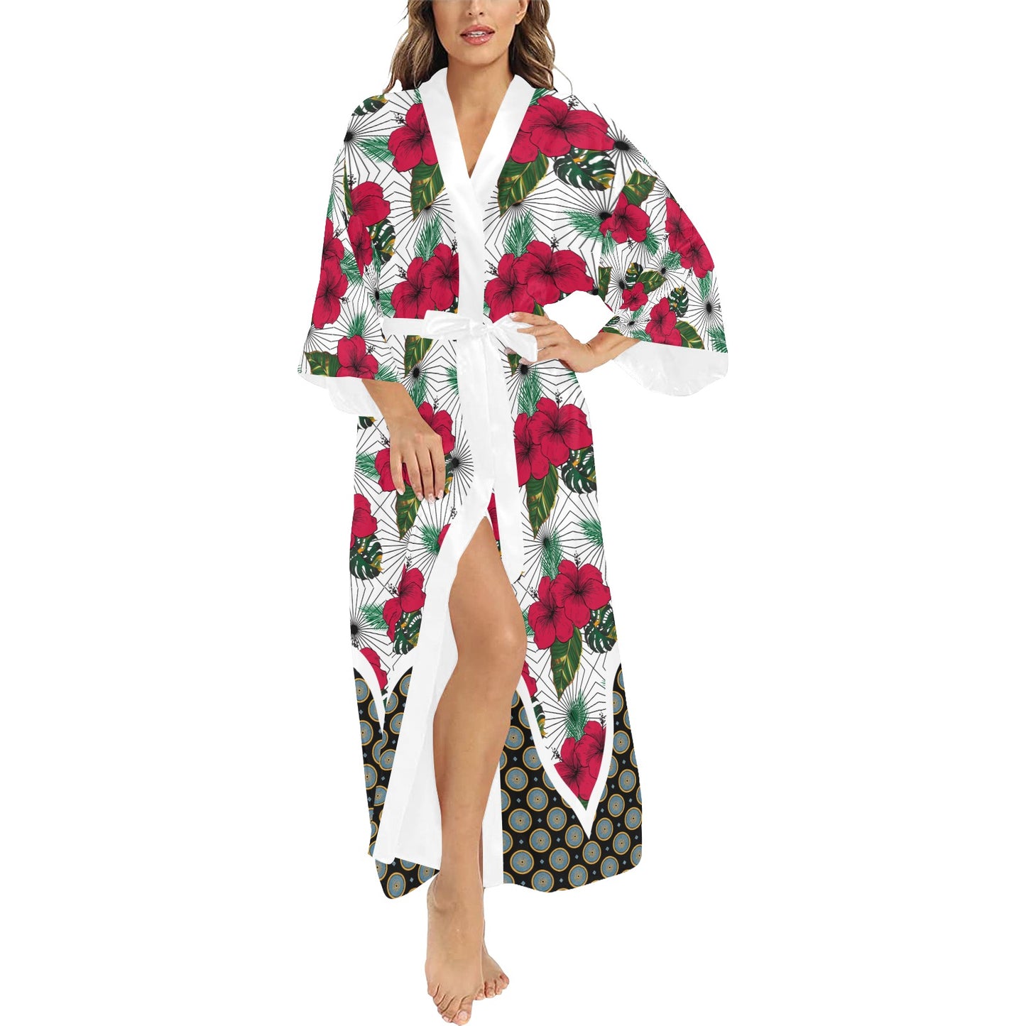 Queen Vee White Hibiscus Women's Long Kimono Robe
