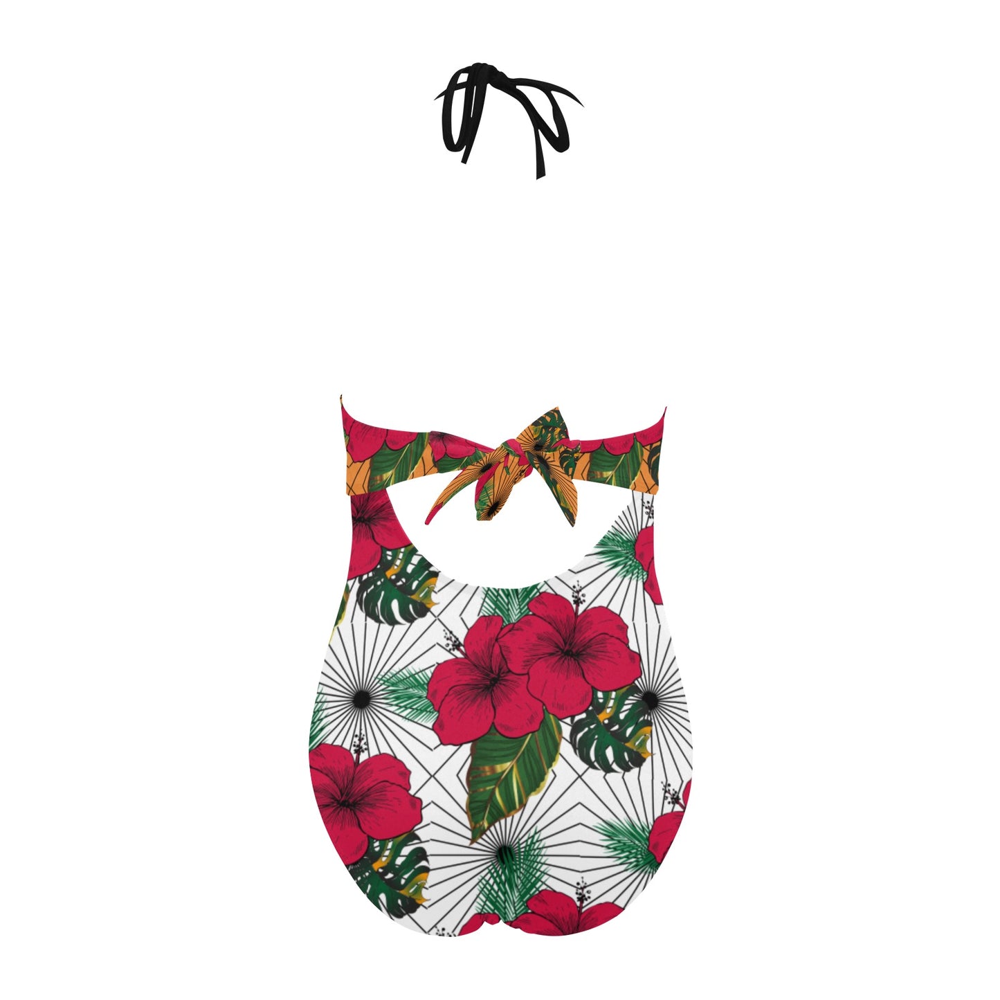 Queen Vee Hibiscus White Bow Cutout Backless One Piece Swimsuit