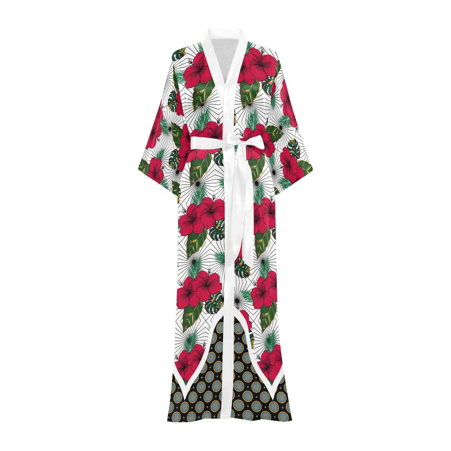 Queen Vee White Hibiscus Women's Long Kimono Robe