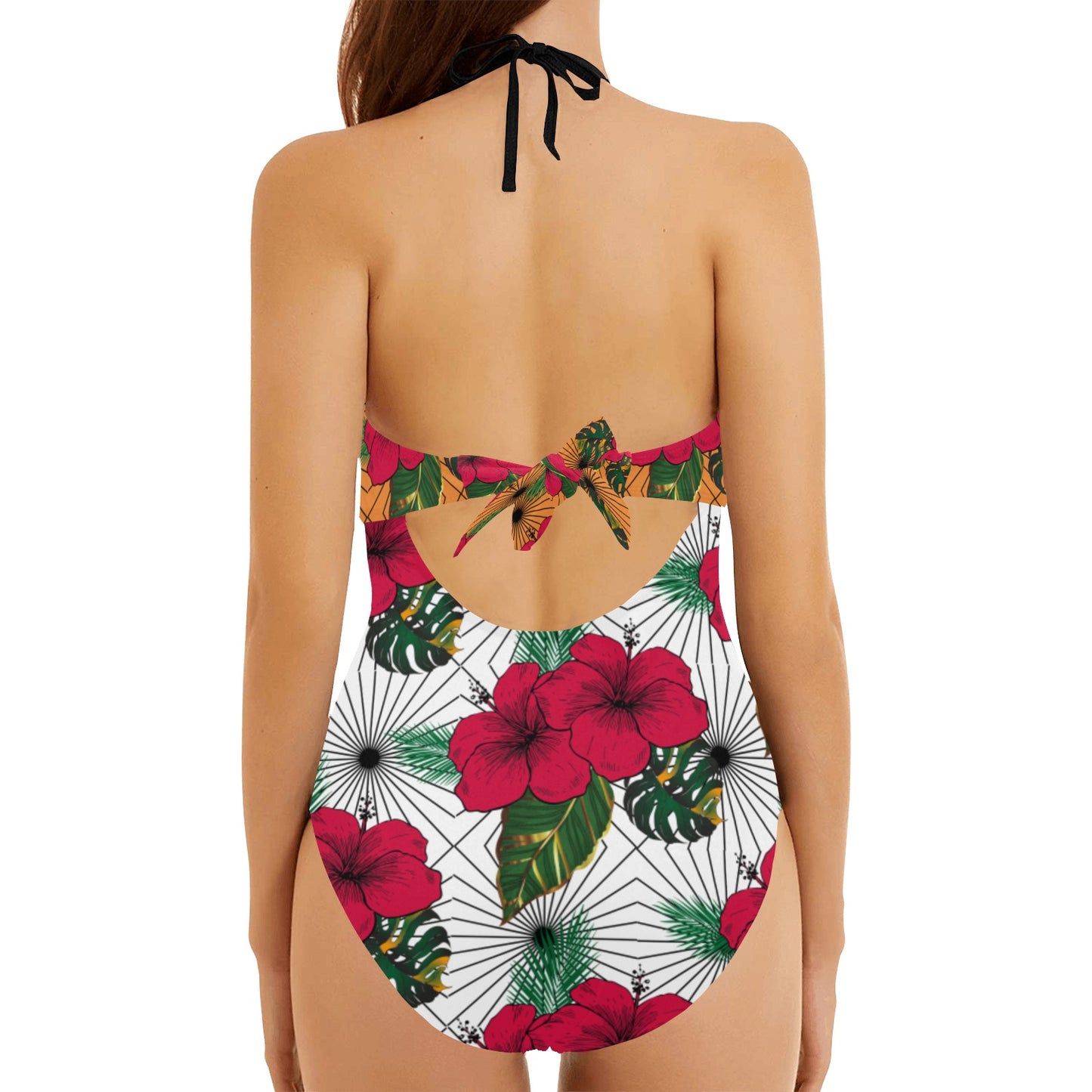 Queen Vee Hibiscus White Bow Cutout Backless One Piece Swimsuit