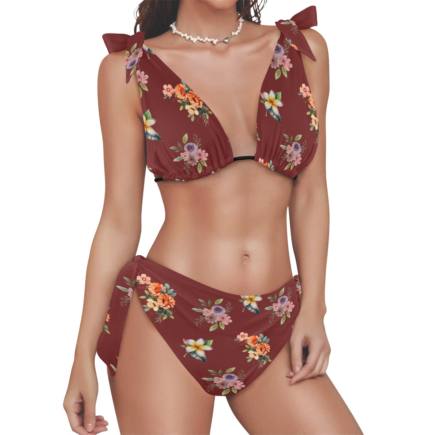 Flower Print Tie Shoulder Bikini Swimsuit