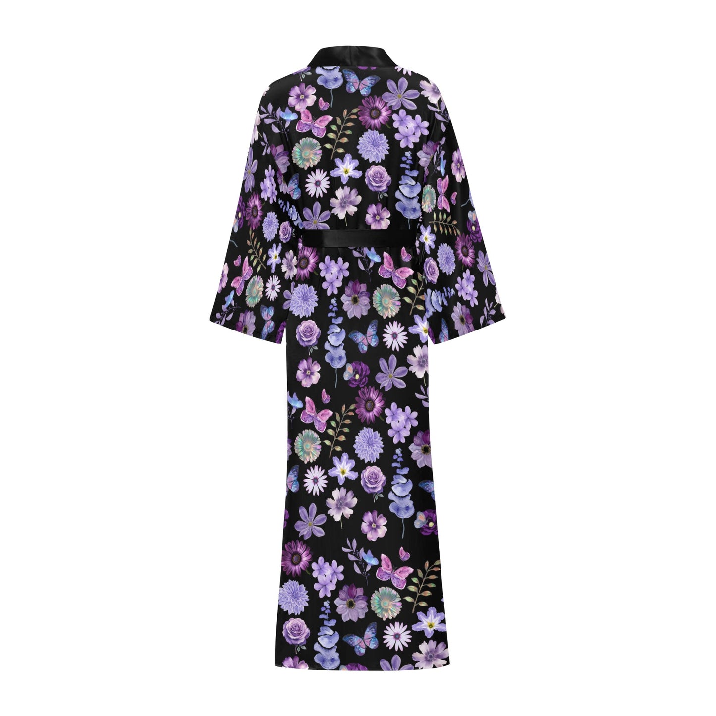 Lilac Black Floral Women's Long Kimono Silky Robe