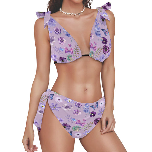 Lilac Floral Tie Shoulder Bikini Set Swimsuit