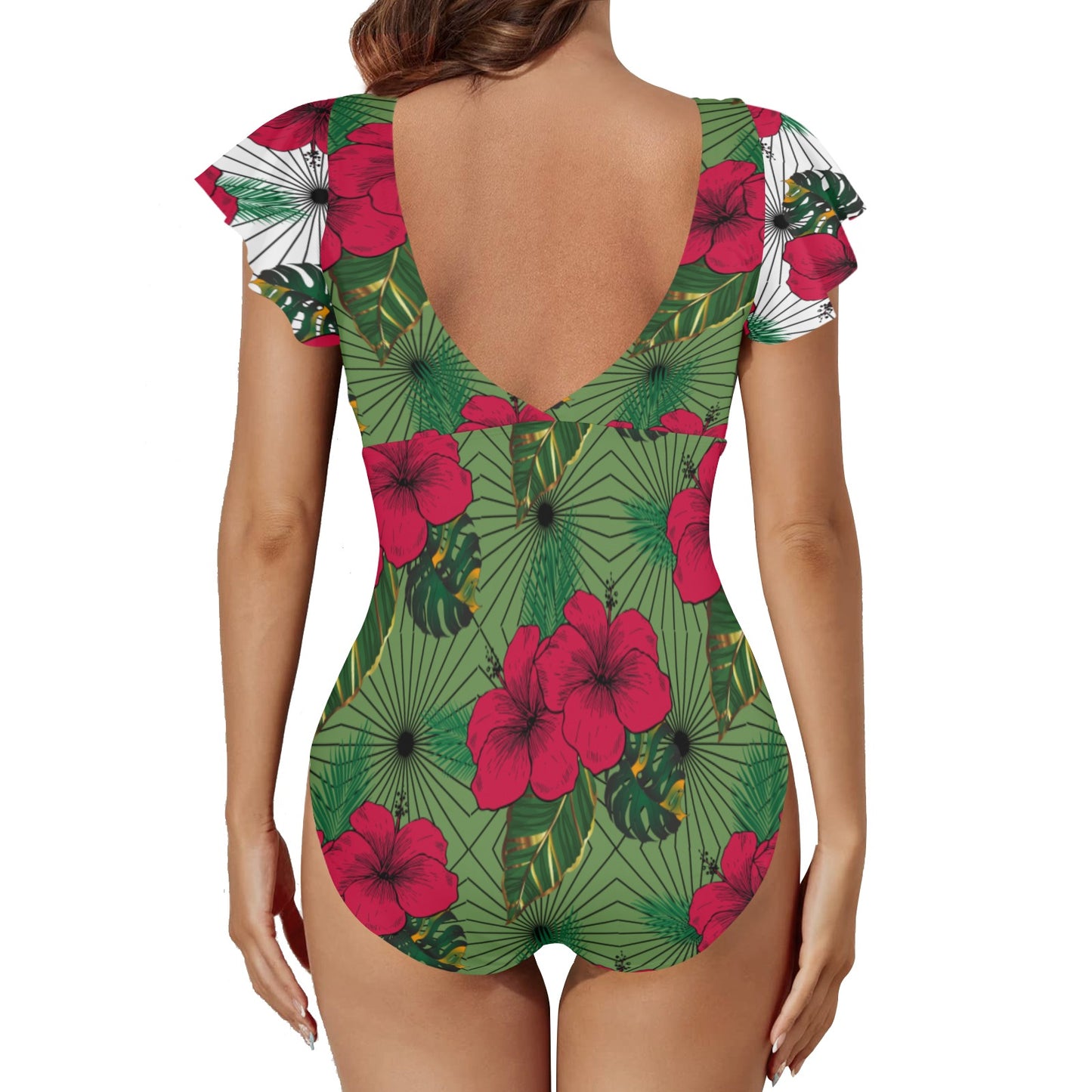 Queen Vee One Piece Hibiscus Twist Front Ruffle Sleeve Cutout Swimsuit