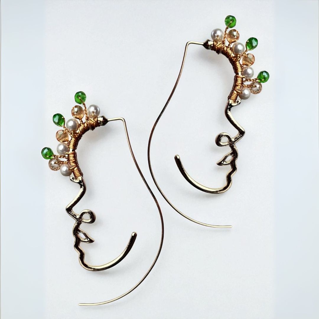 Abstract Face Statement Gold Earring with Pearls and Crystals