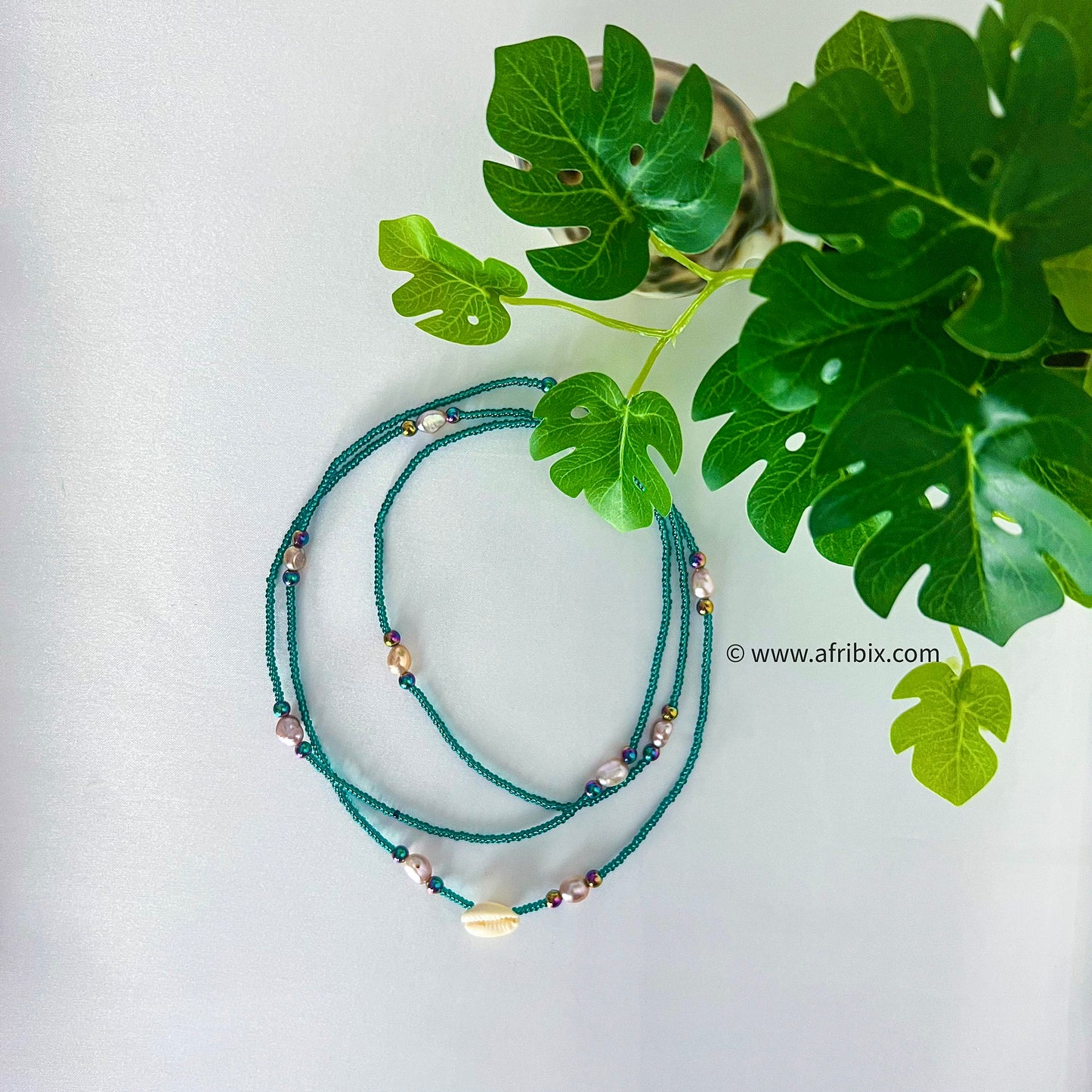 Alé Green Freshwater Pearl, Cowrie and Hematite Belly Chain Waistbead