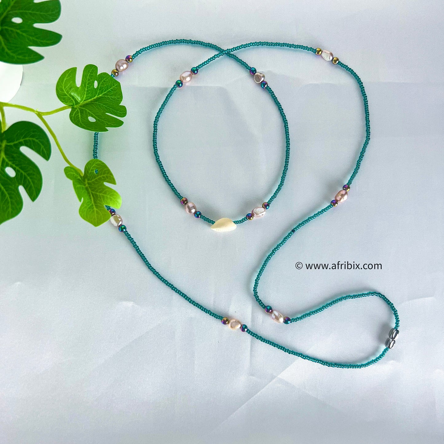 Alé Green Freshwater Pearl, Cowrie and Hematite Belly Chain Waistbead