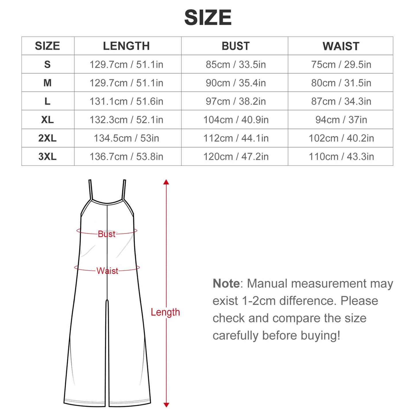 Size chart for a jumpsuit with measurements in centimetres and inches.