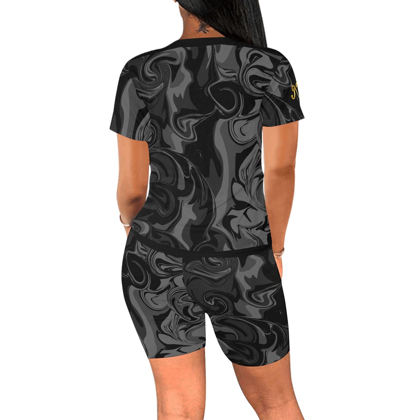 Marble Print 2 Piece Black Spandex Lounge Wear Bike Short Set